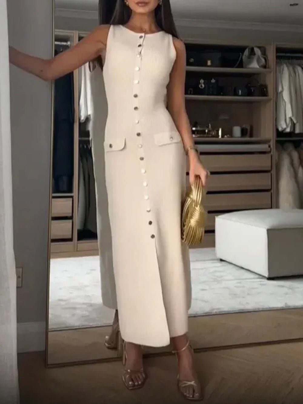 Knit Crew Neck Sleeveless Button Front Pocket Column Midi Dress