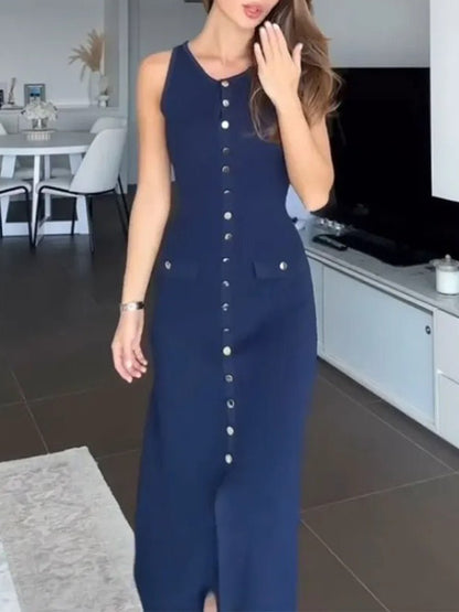 Knit Crew Neck Sleeveless Button Front Pocket Column Midi Dress