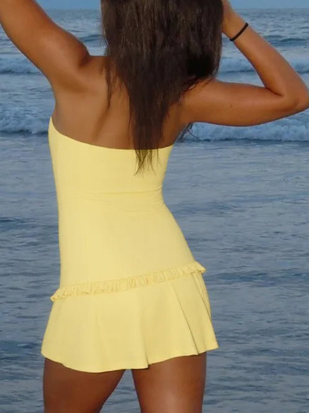 Yellow Strapless Twist Waist Ruffle Trim Bodycon Mini Dress