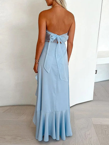 Blue Strapless Structured Bust Ruffle Trim High Split Maxi Dress