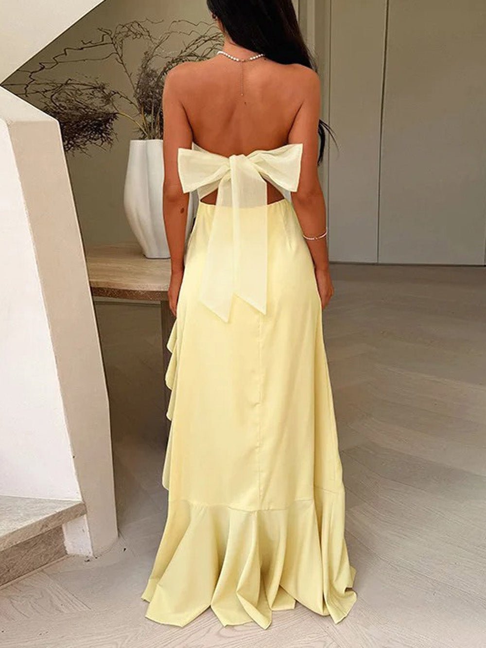 Yellow Strapless Structured Bust Ruffle Trim High Split Maxi Dress