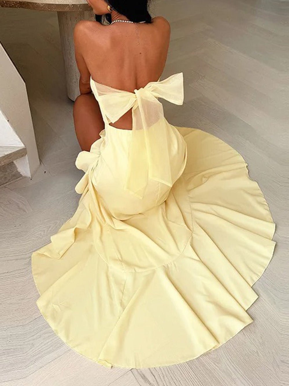 Yellow Strapless Structured Bust Ruffle Trim High Split Maxi Dress