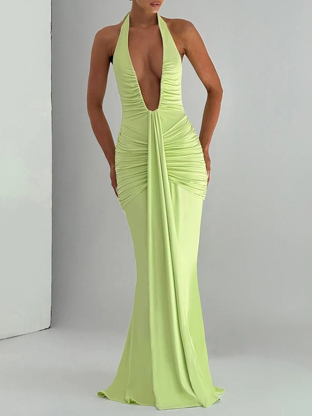 Halter Neck Deep V-Neck Hip Ruched Center Drape Panel Maxi Dress