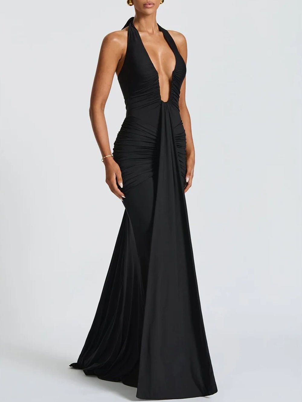 Halter Neck Deep V-Neck Hip Ruched Center Drape Panel Maxi Dress