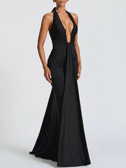 Halter Neck Deep V-Neck Hip Ruched Center Drape Panel Maxi Dress