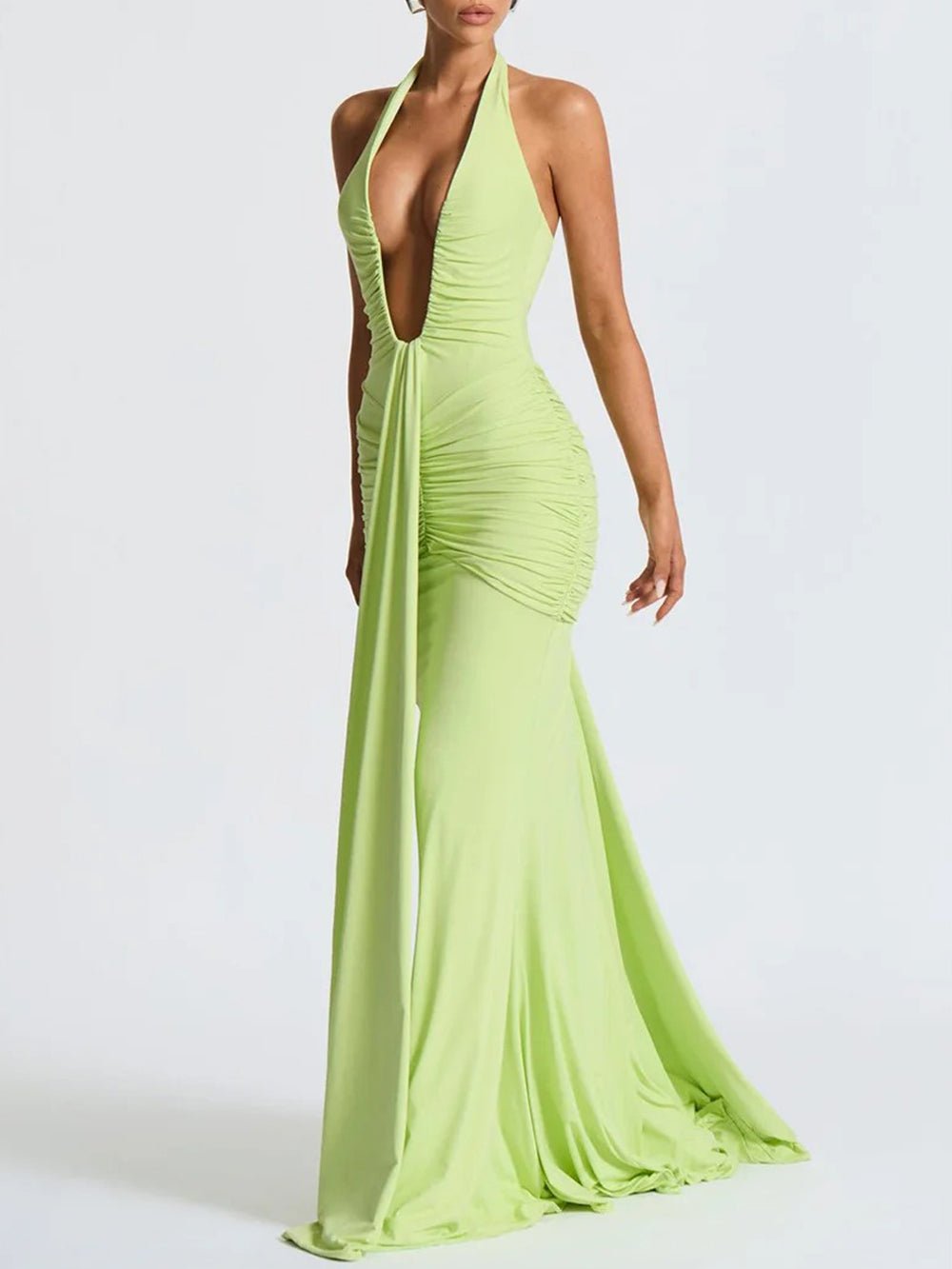 Halter Neck Deep V-Neck Hip Ruched Center Drape Panel Maxi Dress