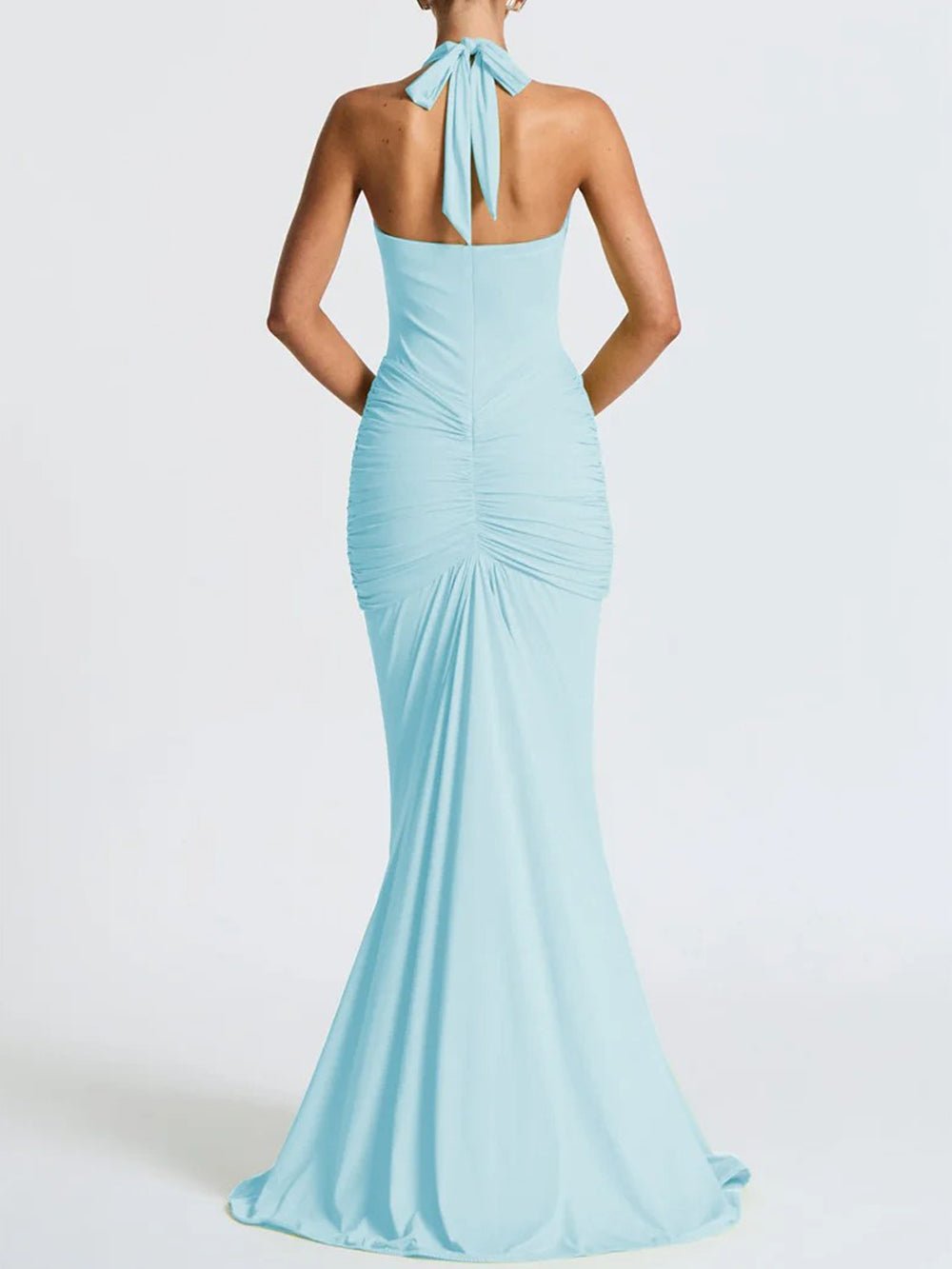 Halter Neck Deep V-Neck Hip Ruched Center Drape Panel Maxi Dress