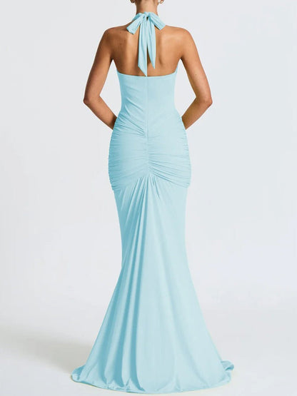Halter Neck Deep V-Neck Hip Ruched Center Drape Panel Maxi Dress