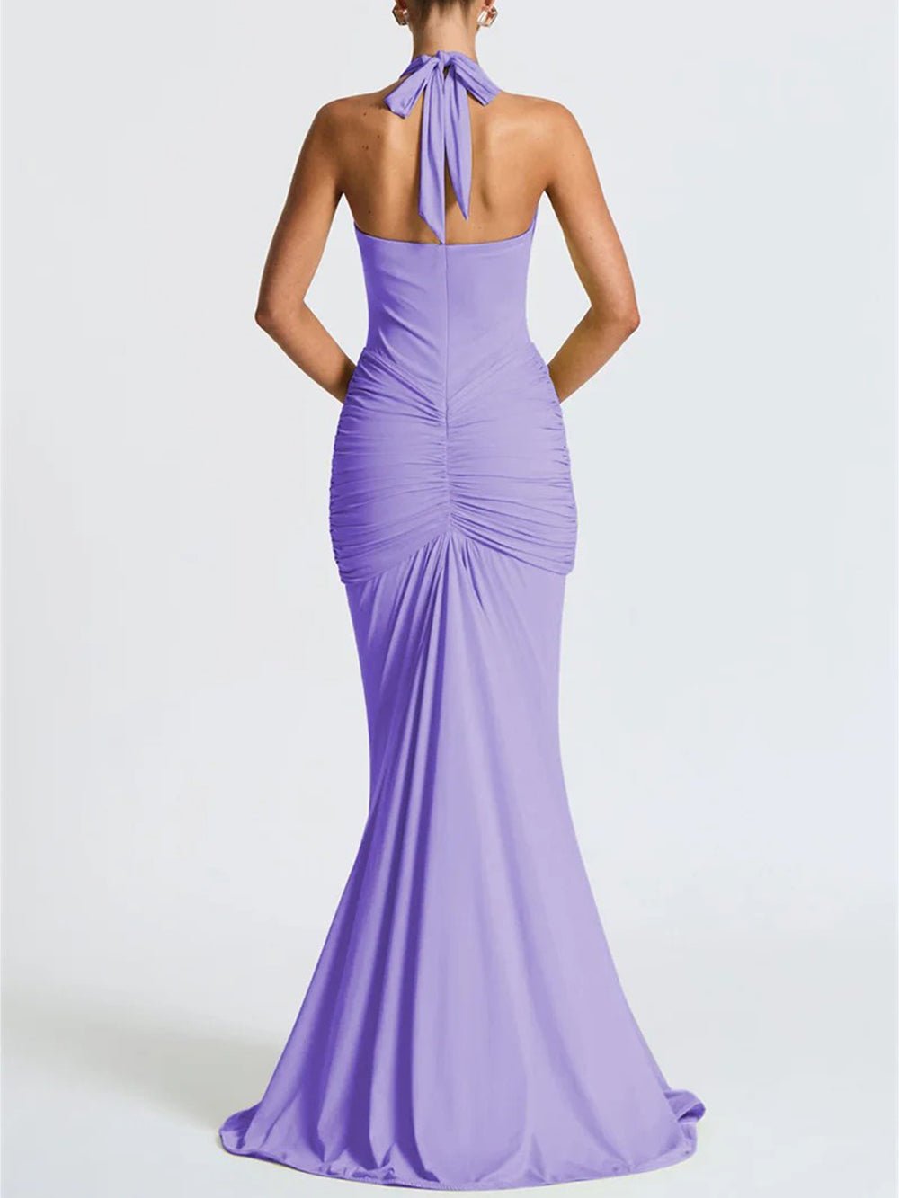 Halter Neck Deep V-Neck Hip Ruched Center Drape Panel Maxi Dress
