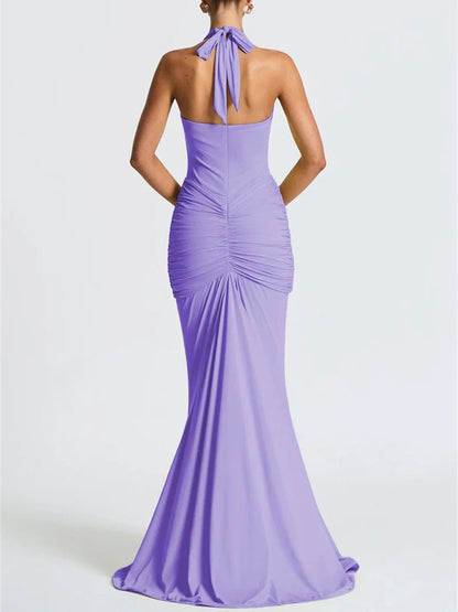 Halter Neck Deep V-Neck Hip Ruched Center Drape Panel Maxi Dress