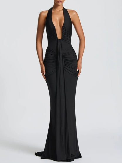 Halter Neck Deep V-Neck Hip Ruched Center Drape Panel Maxi Dress