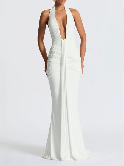 Halter Neck Deep V-Neck Hip Ruched Center Drape Panel Maxi Dress