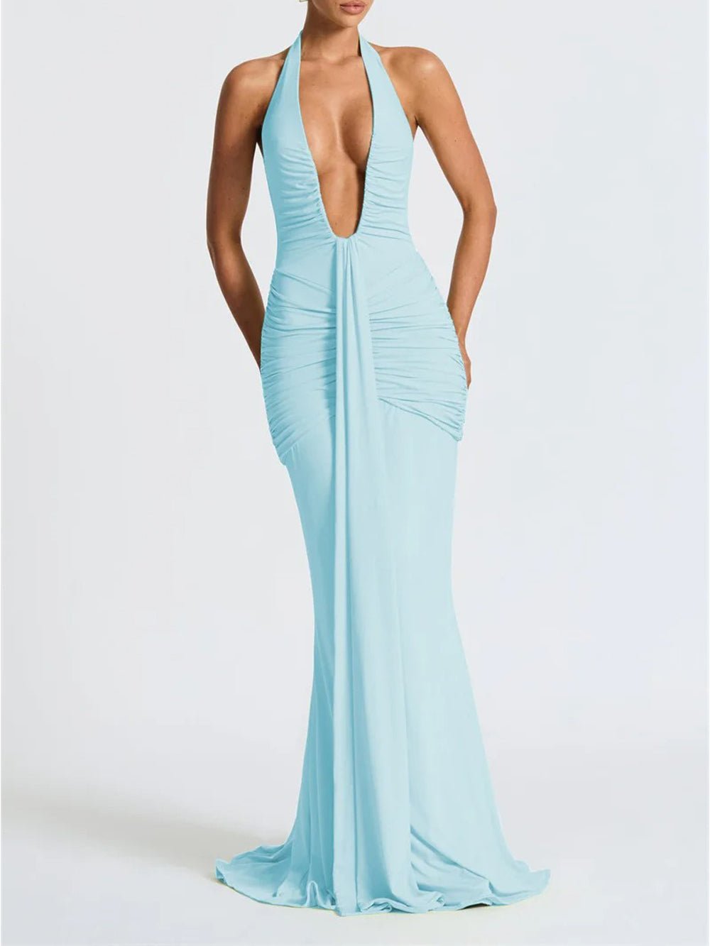 Halter Neck Deep V-Neck Hip Ruched Center Drape Panel Maxi Dress