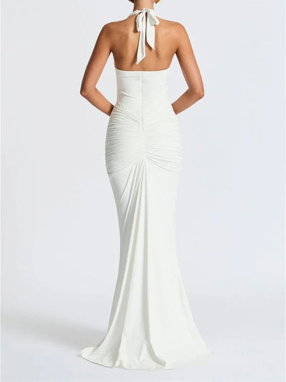 Halter Neck Deep V-Neck Hip Ruched Center Drape Panel Maxi Dress