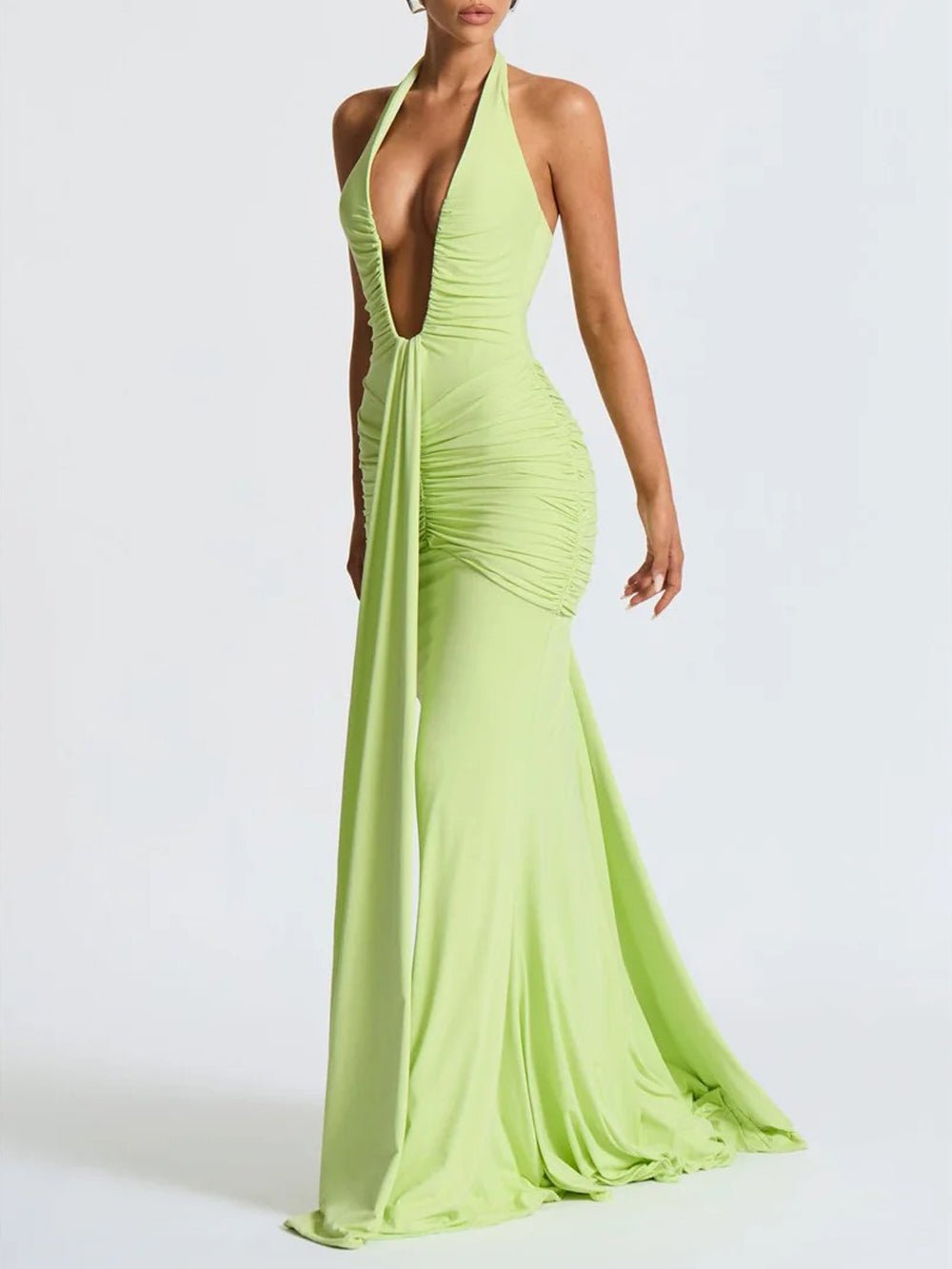 Halter Neck Deep V-Neck Hip Ruched Center Drape Panel Maxi Dress