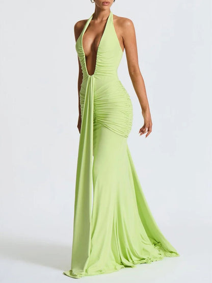 Halter Neck Deep V-Neck Hip Ruched Center Drape Panel Maxi Dress