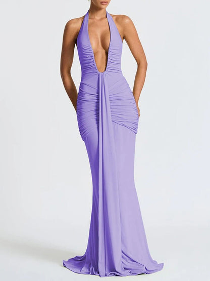Halter Neck Deep V-Neck Hip Ruched Center Drape Panel Maxi Dress