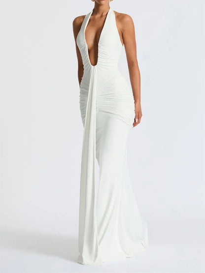 Halter Neck Deep V-Neck Hip Ruched Center Drape Panel Maxi Dress