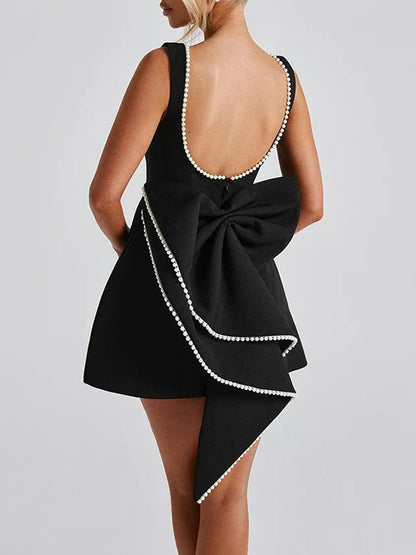 Sleeveless Pearl Trim Bow Back Cascading Ruffle A-Line Mini Dress