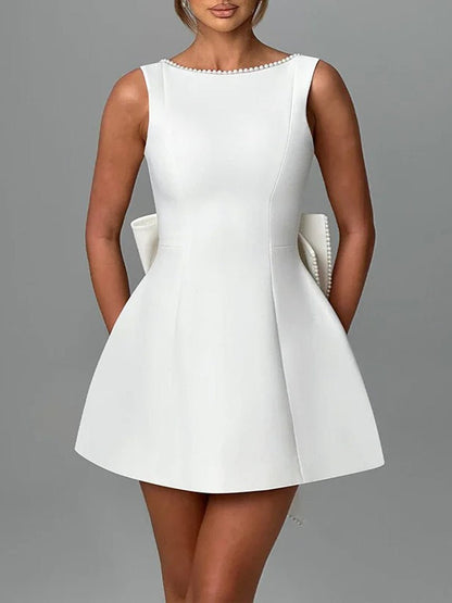 Sleeveless Pearl Trim Bow Back Cascading Ruffle A-Line Mini Dress
