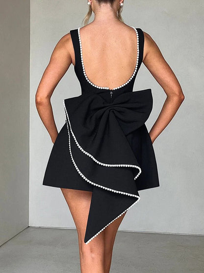 Sleeveless Pearl Trim Bow Back Cascading Ruffle A-Line Mini Dress