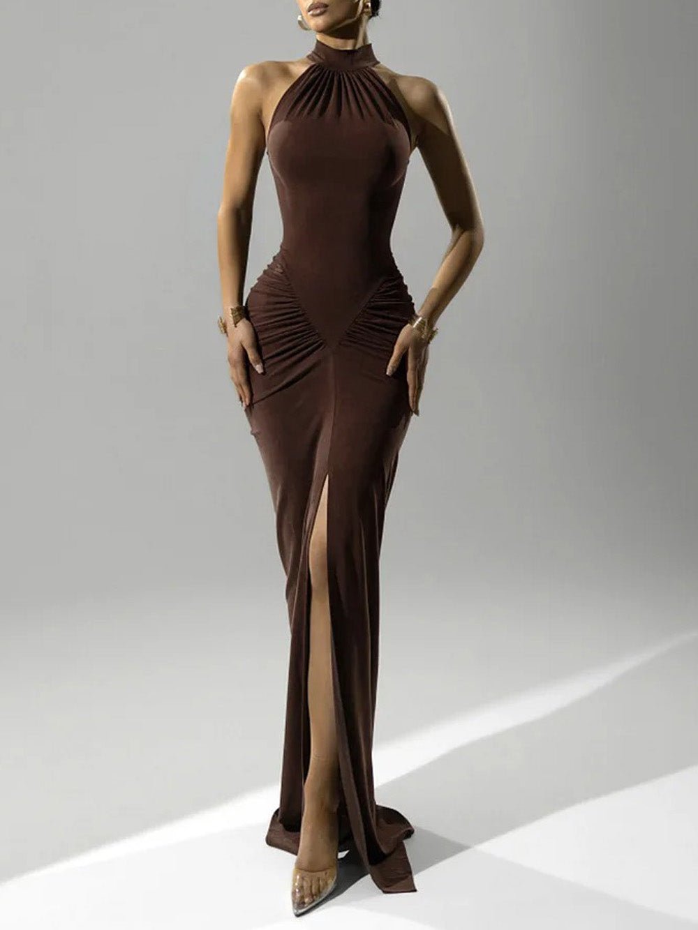 Brown Halter Neck Mock Neck Pleated Ruched Hip High Split Bodycon Maxi Dress