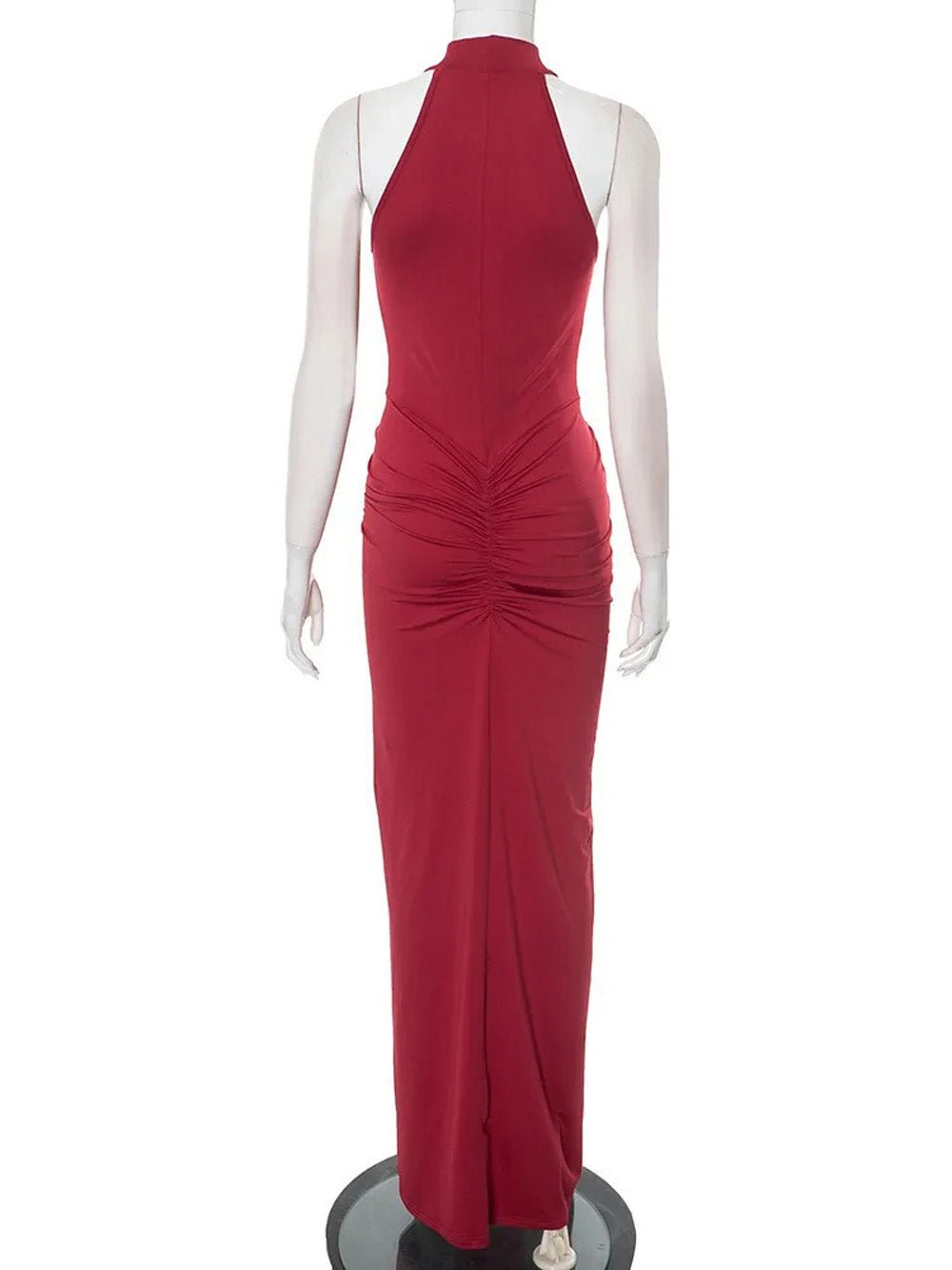 Red Halter Neck Mock Neck Pleated Ruched Hip High Split Bodycon Maxi Dress