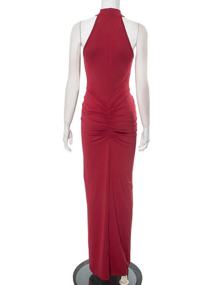 Red Halter Neck Mock Neck Pleated Ruched Hip High Split Bodycon Maxi Dress