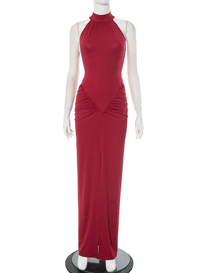 Red Halter Neck Mock Neck Pleated Ruched Hip High Split Bodycon Maxi Dress