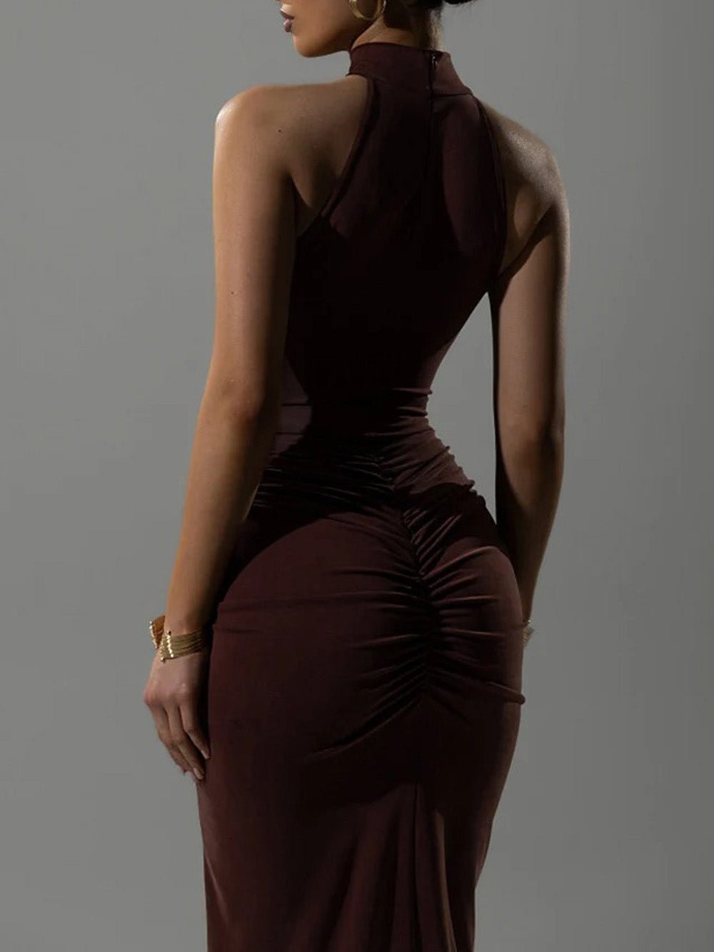 Brown Halter Neck Mock Neck Pleated Ruched Hip High Split Bodycon Maxi Dress