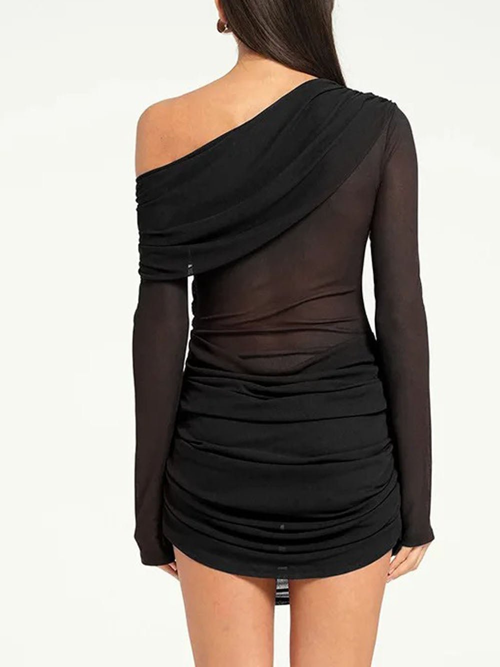 Black One Shoulder Mesh Long Sleeve Ruched Bodycon Mini Dress
