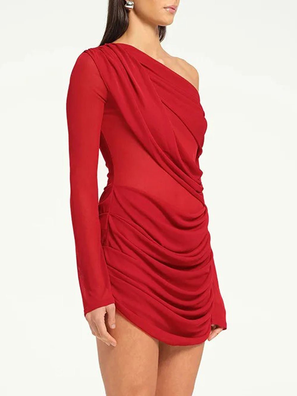 Red One Shoulder Mesh Long Sleeve Ruched Bodycon Mini Dress