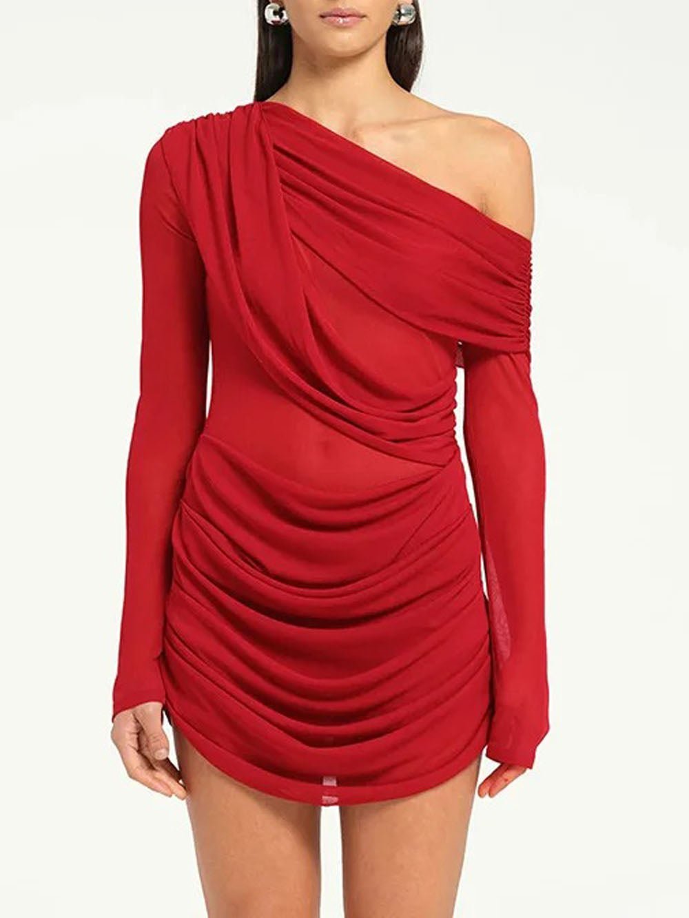 Red One Shoulder Mesh Long Sleeve Ruched Bodycon Mini Dress