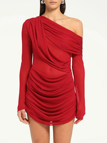 Red One Shoulder Mesh Long Sleeve Ruched Bodycon Mini Dress