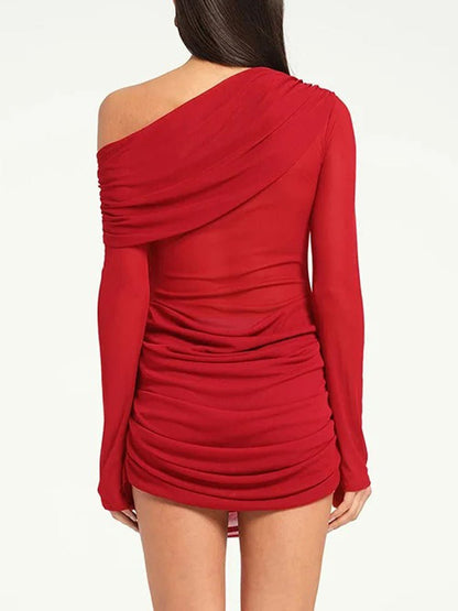 Red One Shoulder Mesh Long Sleeve Ruched Bodycon Mini Dress