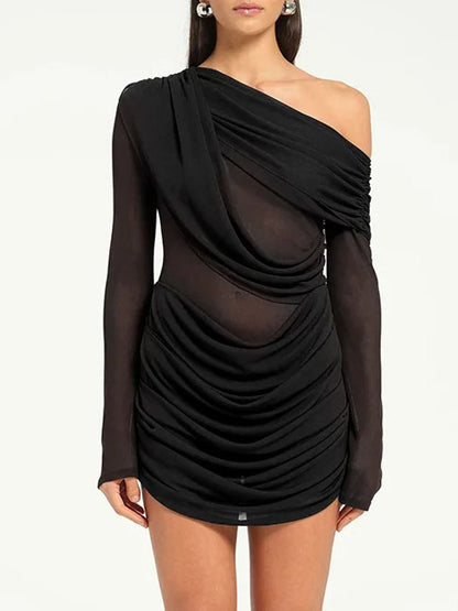 Black One Shoulder Mesh Long Sleeve Ruched Bodycon Mini Dress