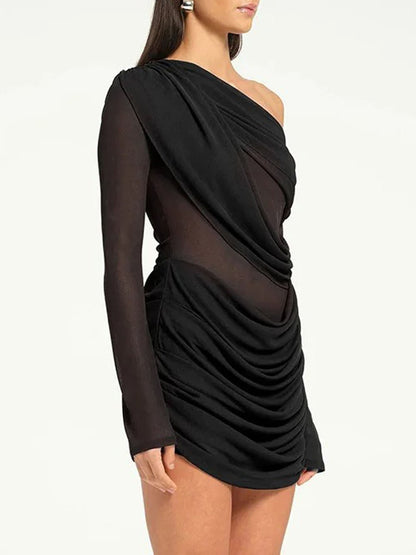 Black One Shoulder Mesh Long Sleeve Ruched Bodycon Mini Dress