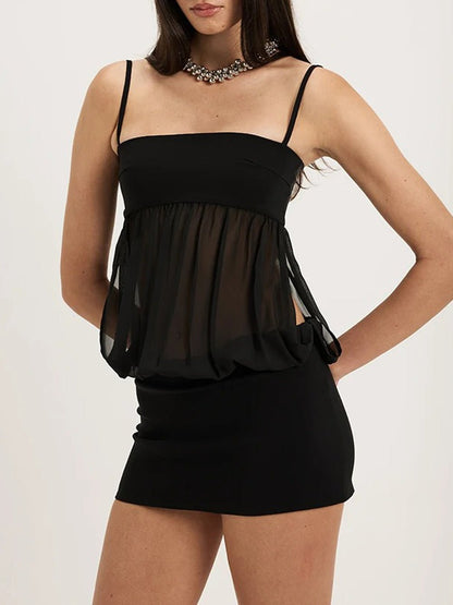 Black Spaghetti Strap Sheer Pleated Bubble Empire Waist Mini Dress