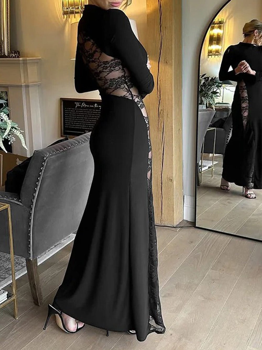 Black Mock Neck Long Sleeve Lace Panel Insert Column Maxi Dress