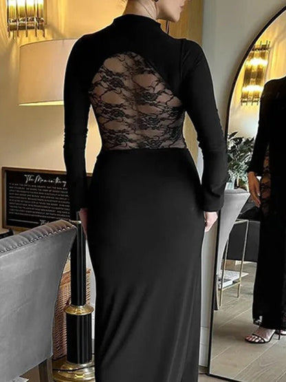 Black Mock Neck Long Sleeve Lace Panel Insert Column Maxi Dress