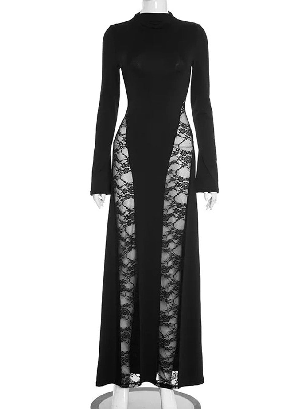 Black Mock Neck Long Sleeve Lace Panel Insert Column Maxi Dress