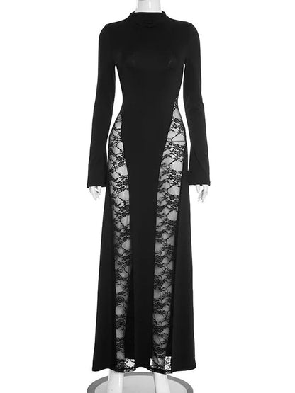 Black Mock Neck Long Sleeve Lace Panel Insert Column Maxi Dress