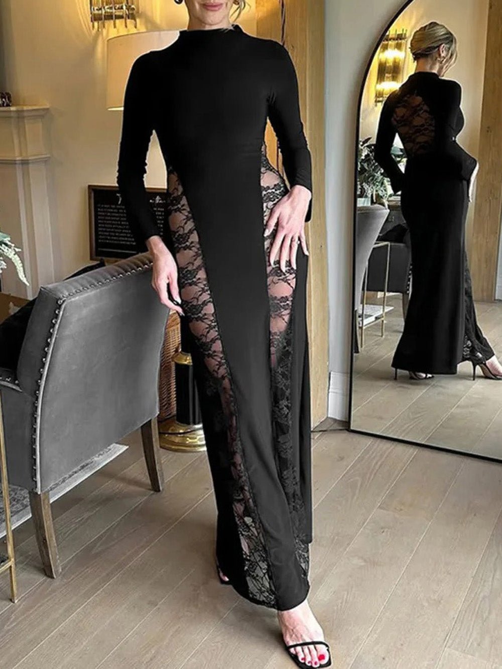 Black Mock Neck Long Sleeve Lace Panel Insert Column Maxi Dress