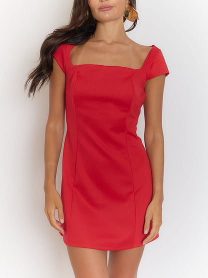 Red Square Neck Cap Sleeve Princess Seam Bodycon Mini Dress