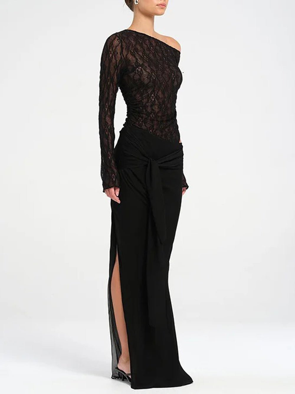 Lace Off Shoulder Ruched Top Chiffon Draped Knot Waist Maxi Skirt Two Piece Set