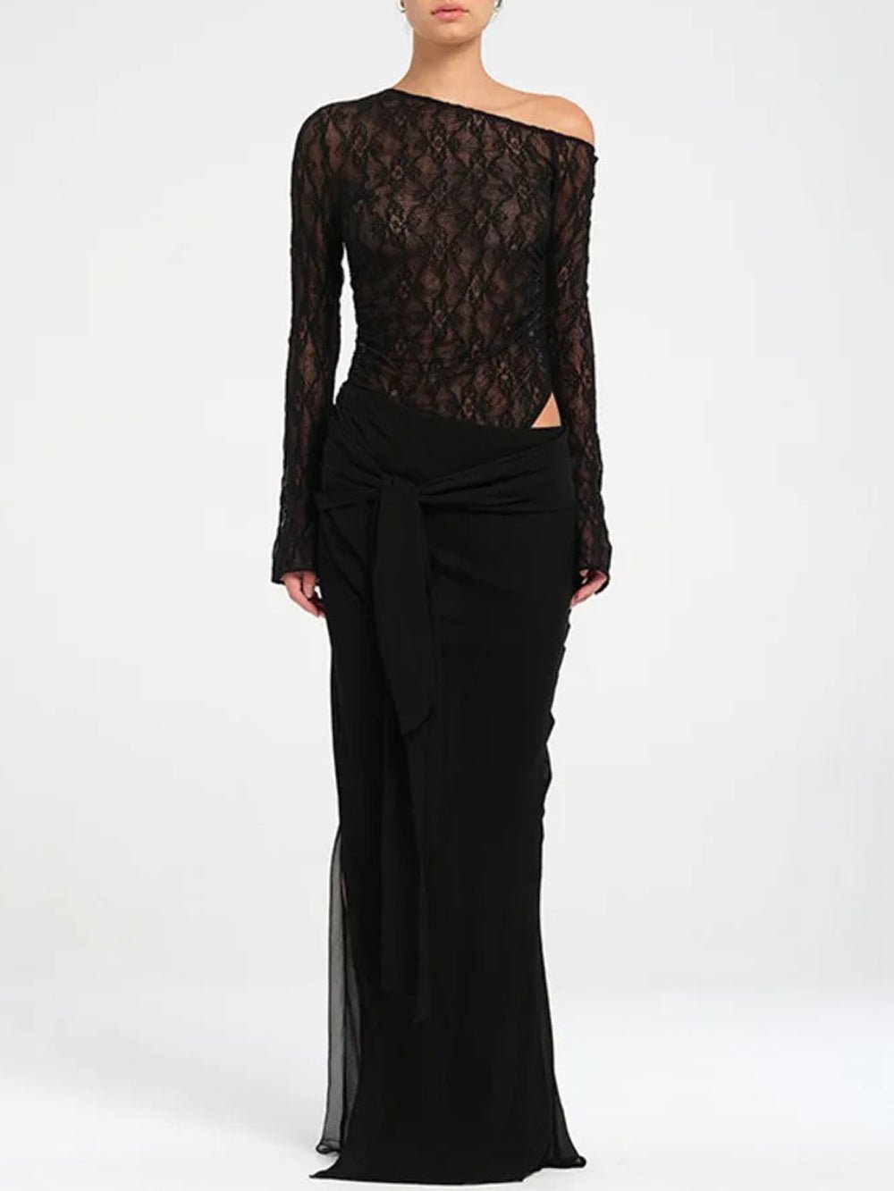 Lace Off Shoulder Ruched Top Chiffon Draped Knot Waist Maxi Skirt Two Piece Set