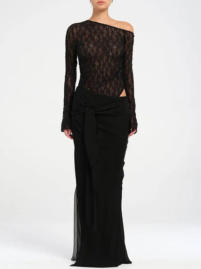 Lace Off Shoulder Ruched Top Chiffon Draped Knot Waist Maxi Skirt Two Piece Set