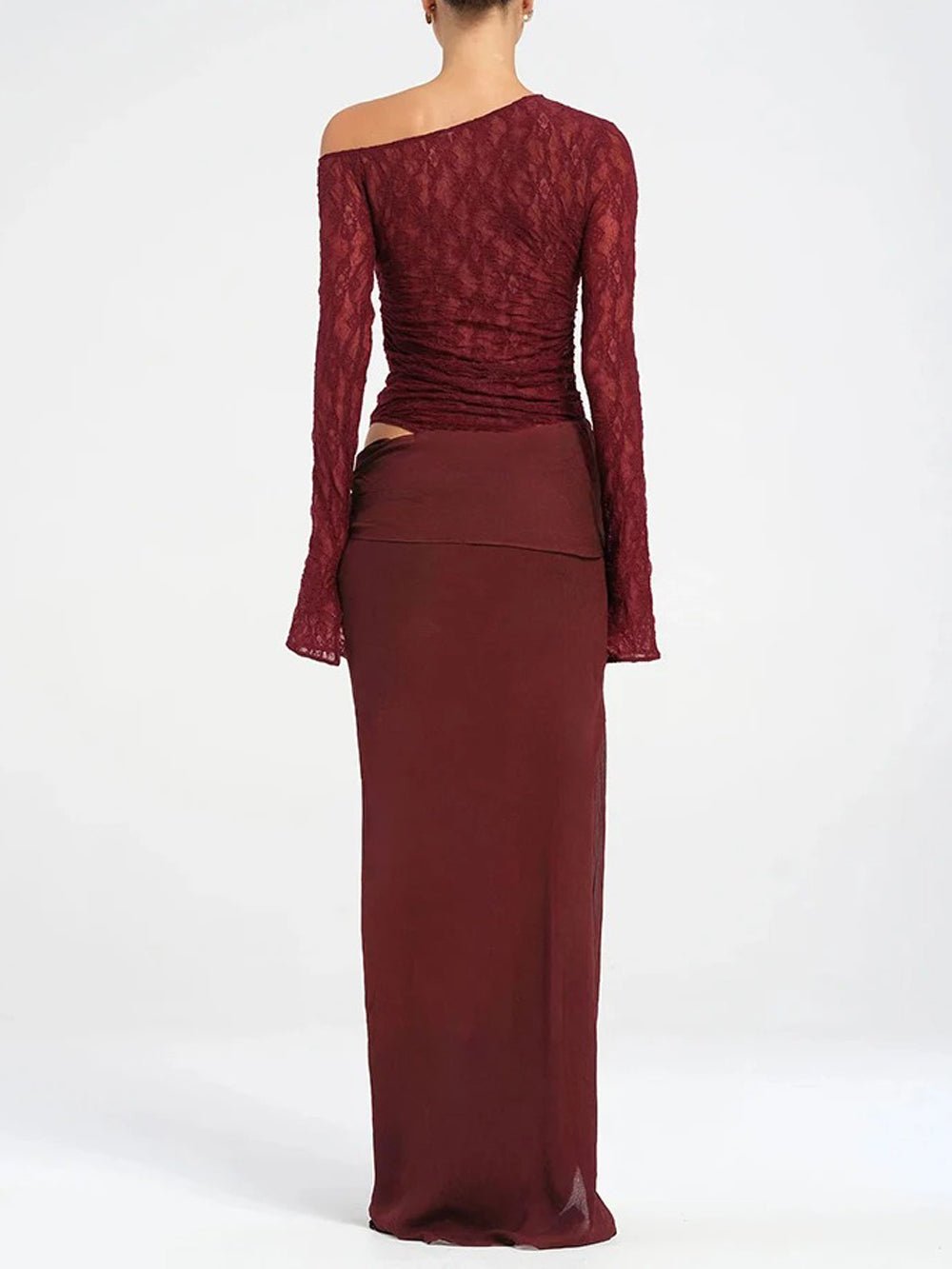 Lace Off Shoulder Ruched Top Chiffon Draped Knot Waist Maxi Skirt Two Piece Set