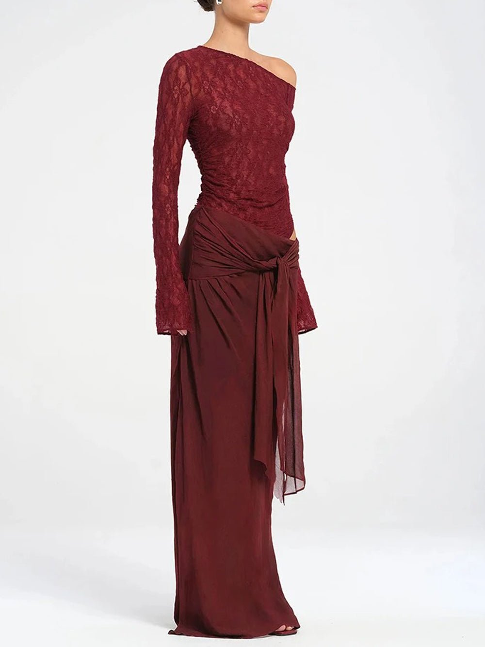 Lace Off Shoulder Ruched Top Chiffon Draped Knot Waist Maxi Skirt Two Piece Set