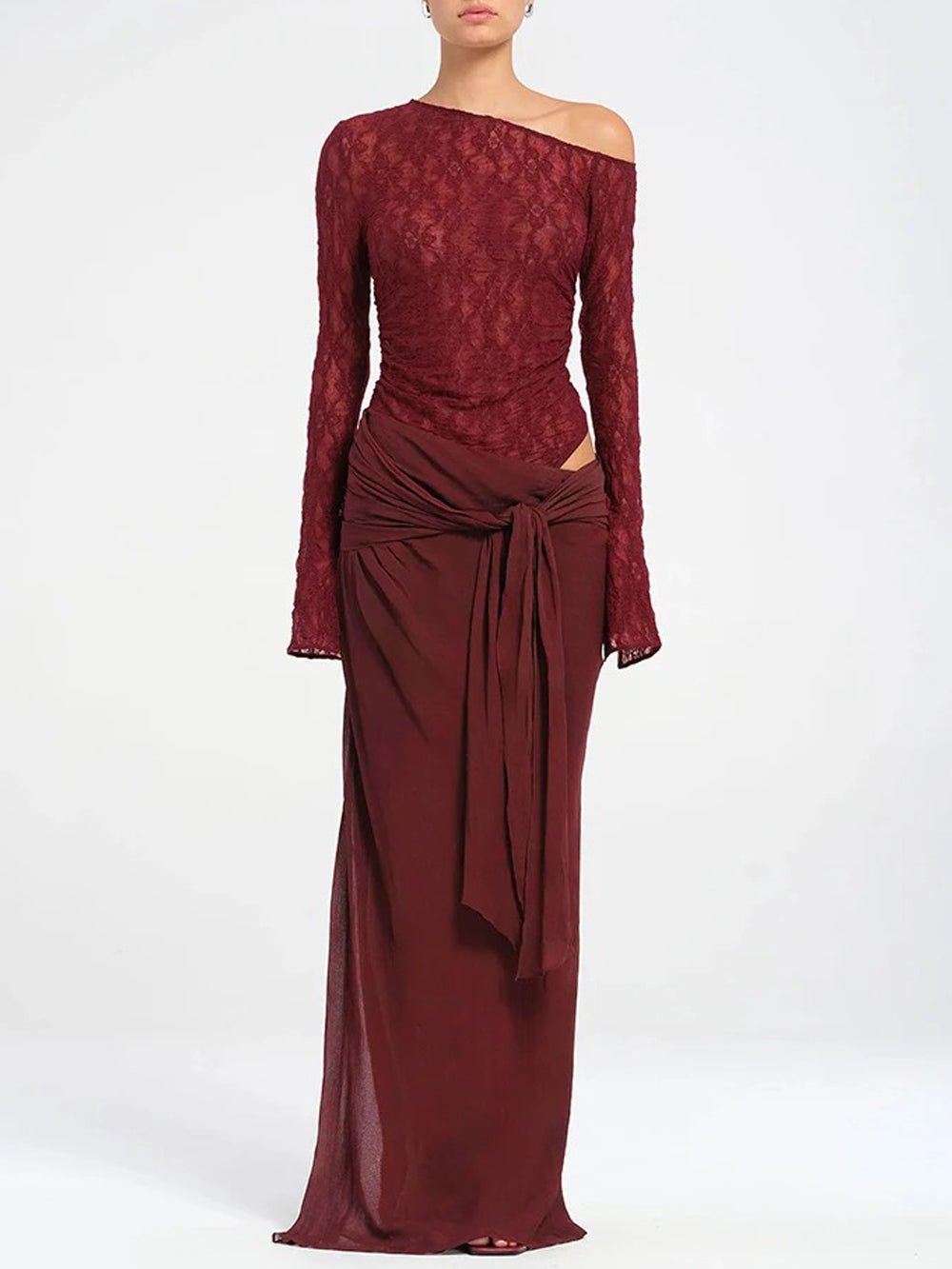 Lace Off Shoulder Ruched Top Chiffon Draped Knot Waist Maxi Skirt Two Piece Set